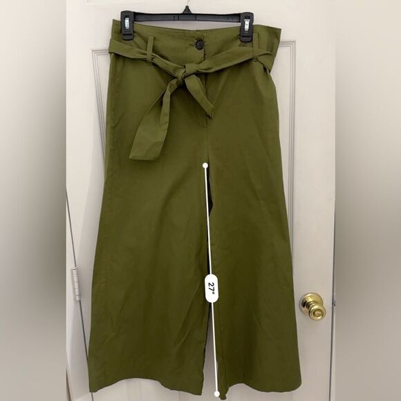 Iris & Ink Wide Leg Paperbag Pants Size 10 Green Made in Italy 100% Cotton - Picture 4 of 9